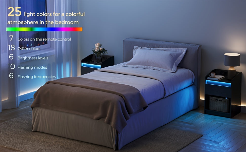 Bedside Table with LED Light - Side Table with Charging Station, 1 Storage Drawer Bedside Table