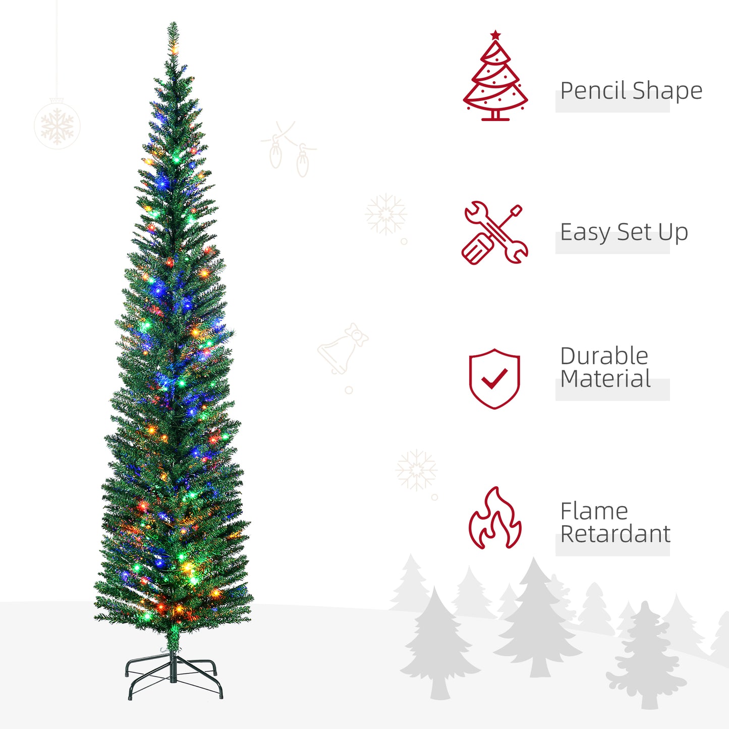 7.5ft Pencil Christmas Tree with Colorful Lights & Steel Base