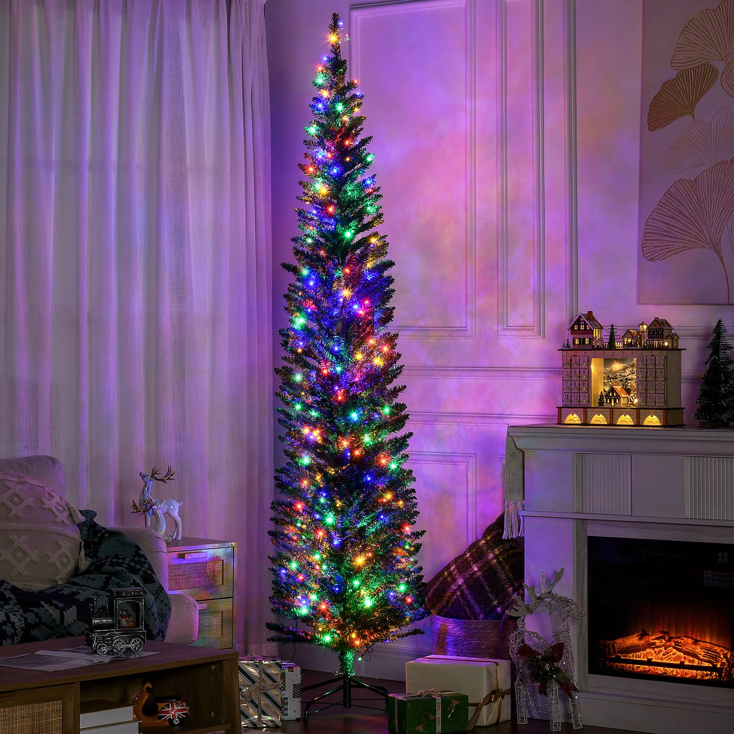 7.5ft Pencil Christmas Tree with Colorful Lights & Steel Base