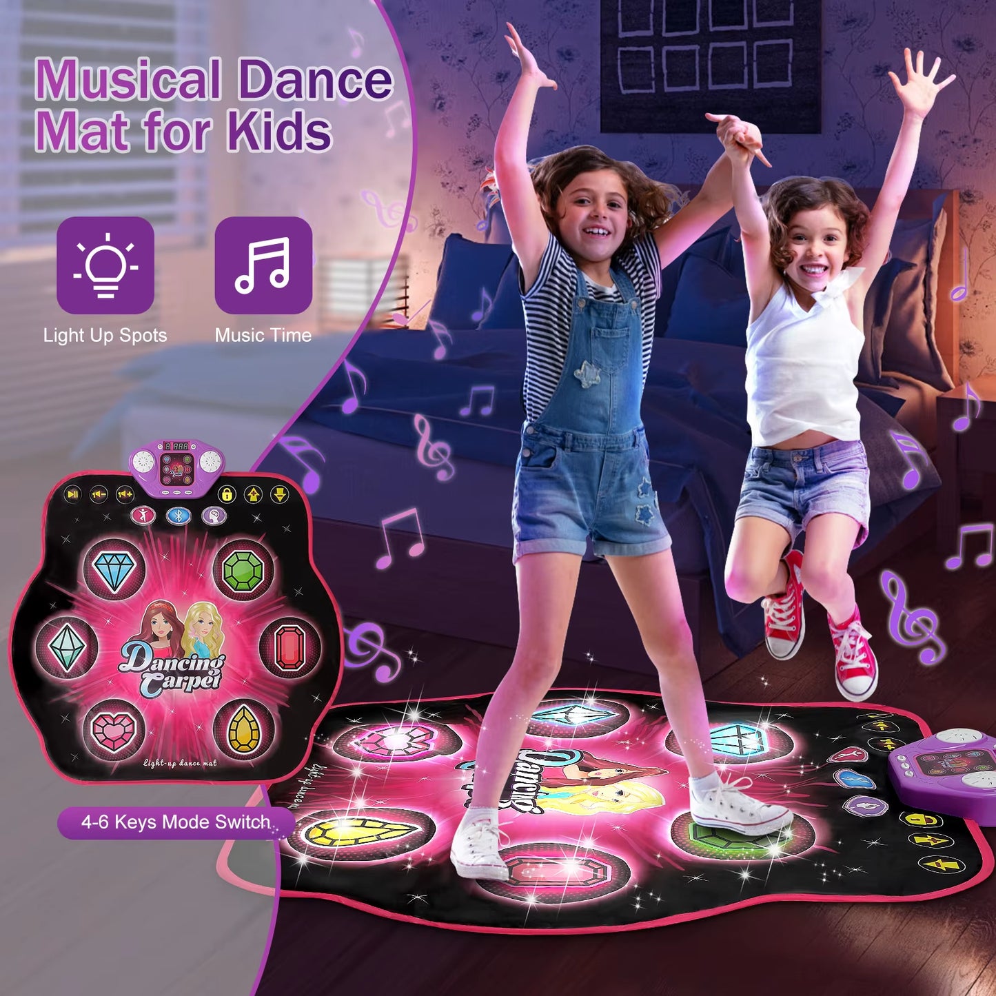 27 Levels Dance Mat for Girls Kids 6 LED Keys Light up Bluetooth Lock 5 Music Dancing Game Toy Ages 3~8 Years Old