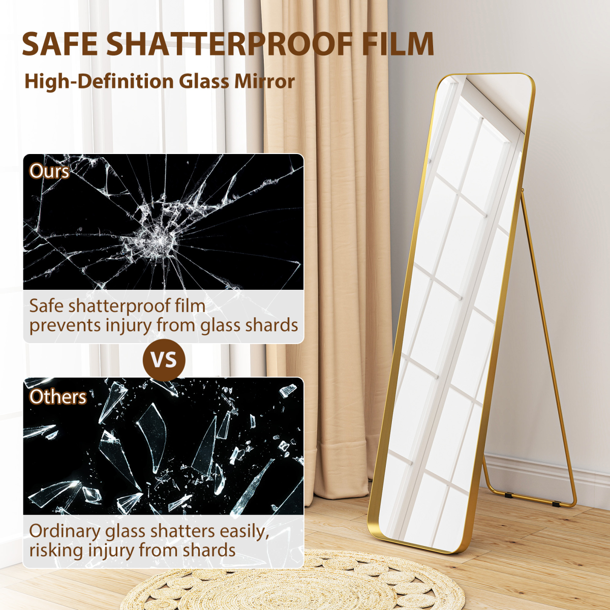 Stylish Full Length Gold-Tone Mirror - 40x160 cm, Elegant & Safe!