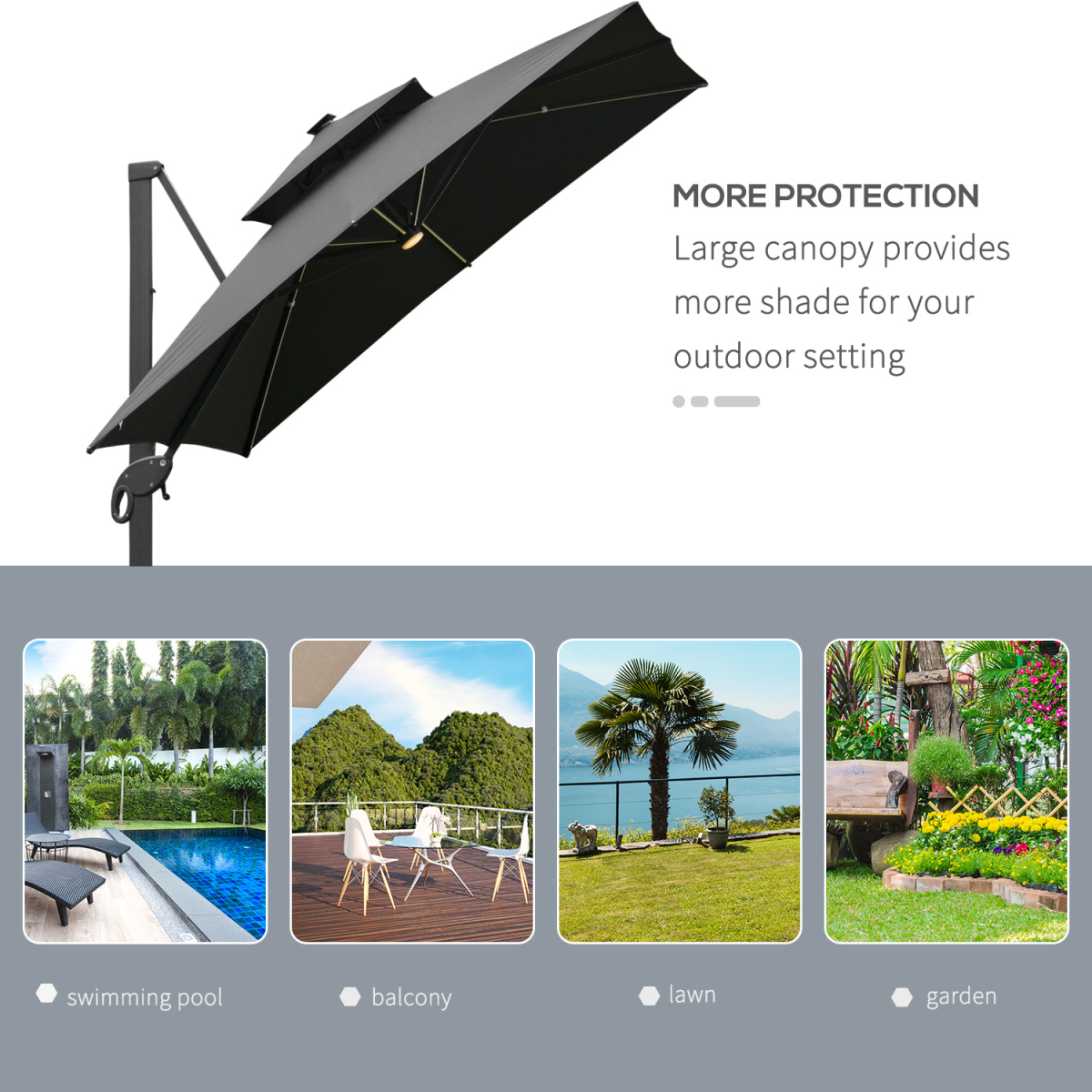 3x3m Cantilever Umbrella with Solar Power Bank & LEDs, Dark Grey