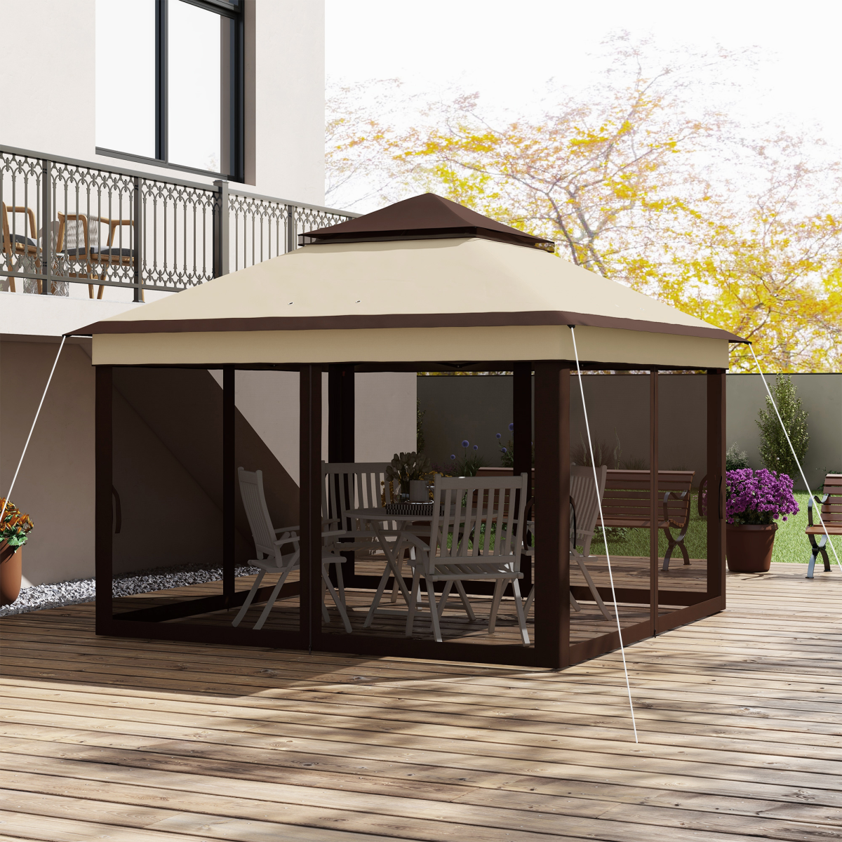 3x3m Pop Up Gazebo with Netting, Height Adjustable, Beige