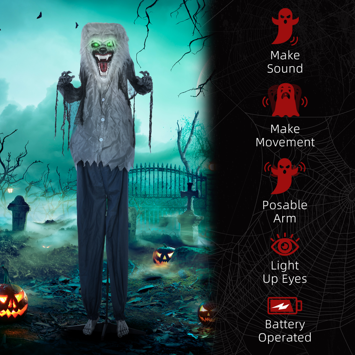 Halloween Skeleton Werewolf Animatronic Prop with Light-Up Eyes