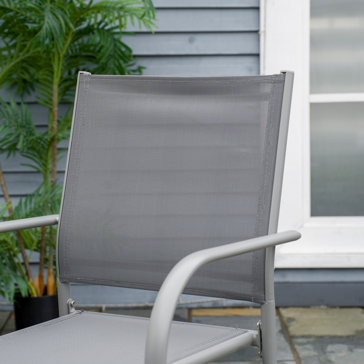 7-Piece Grey Steel Garden Patio Dining Set with Tempered Glass Table