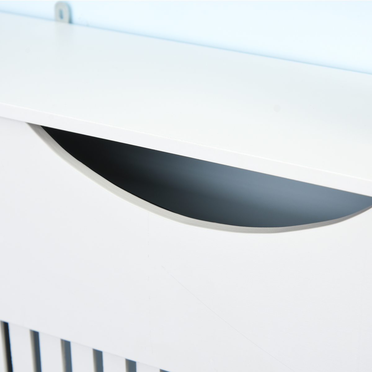 Elegant White Radiator Cover with Slatted Design & Stylish Worktop