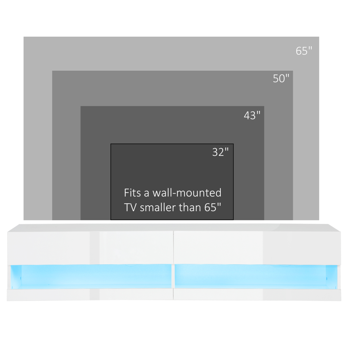 Modern High Gloss Floating TV Stand with LED Lights & Storage - White