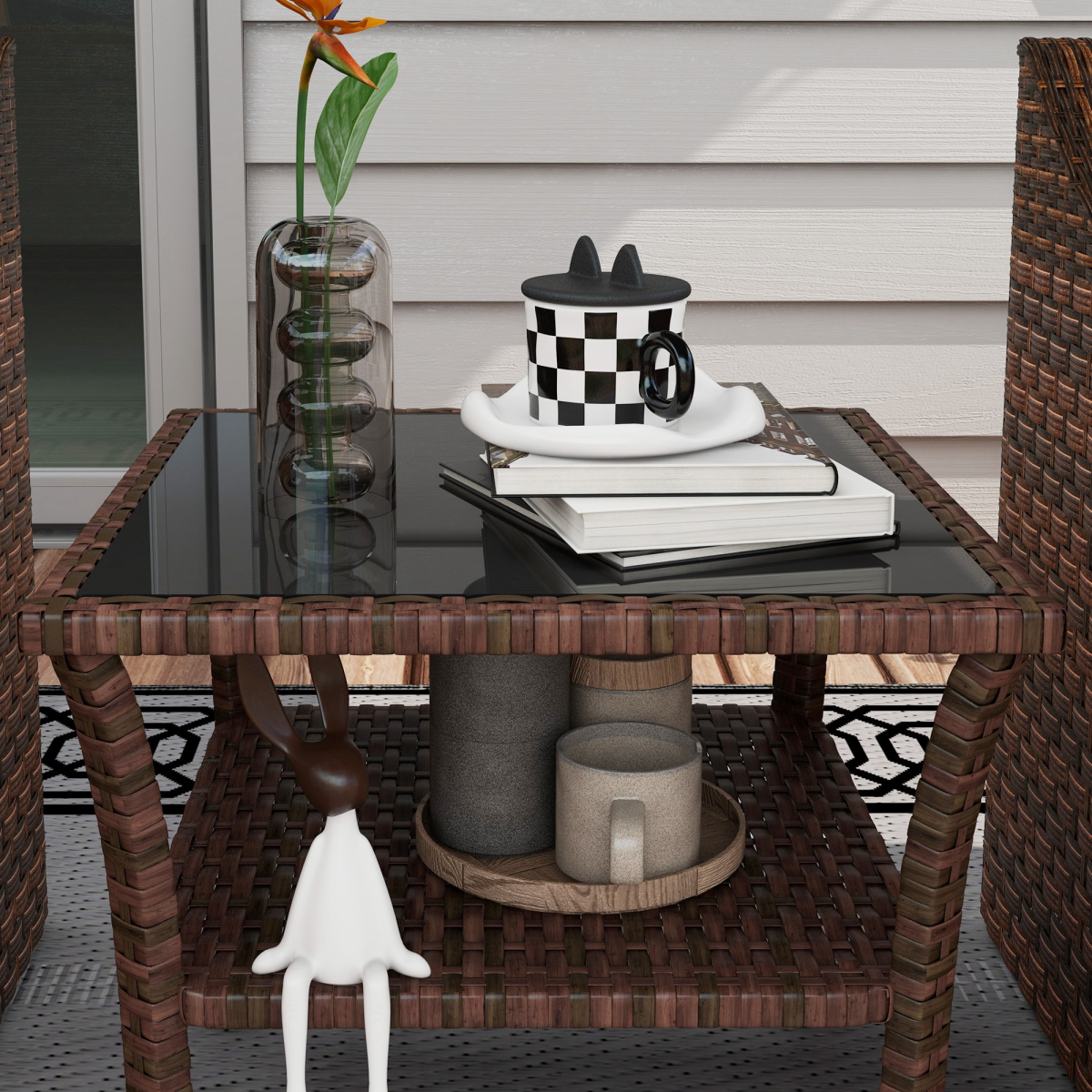 PE Rattan Coffee Table: Two-Tier with Glass Top, Brown