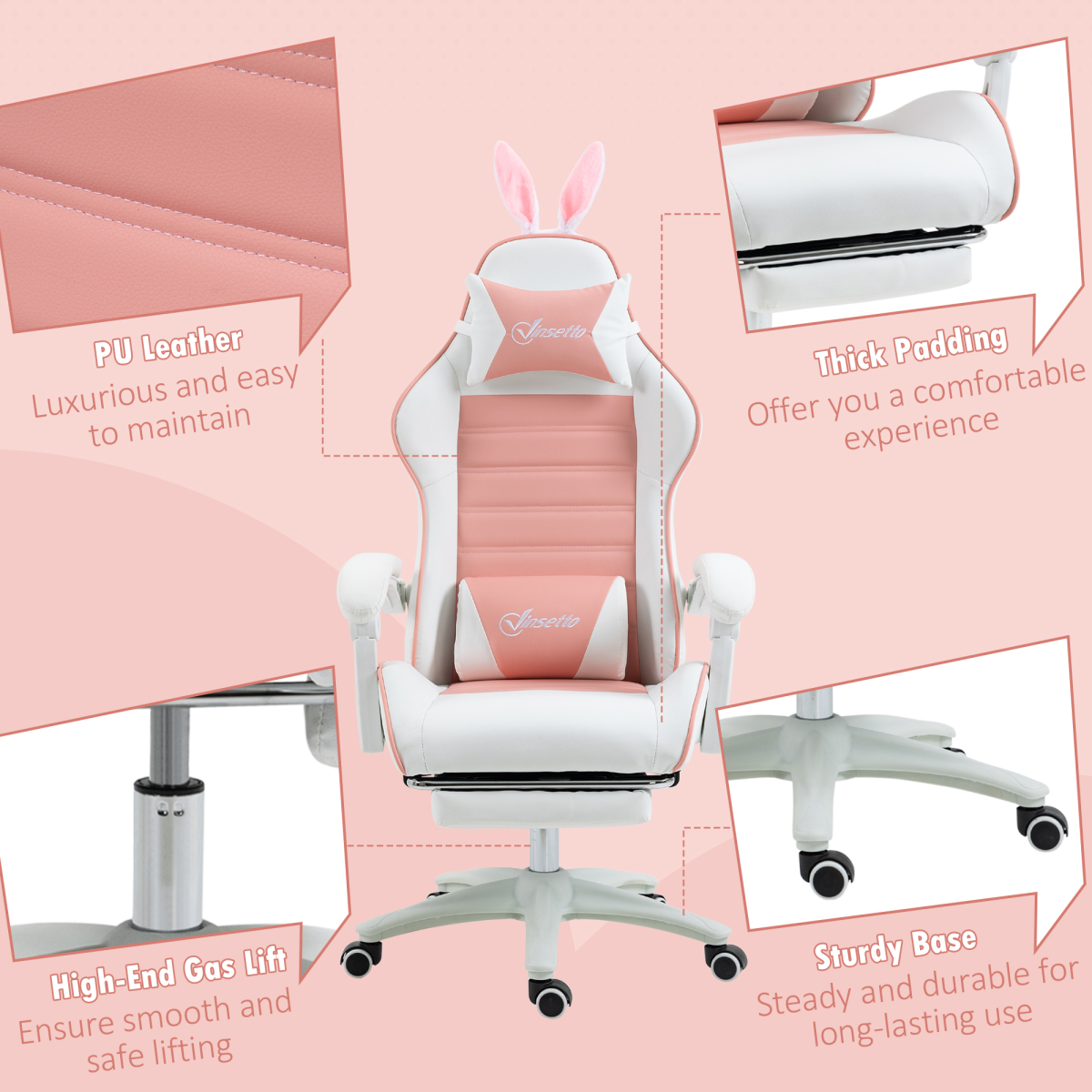 Vinsetto Pink Racing-Style Gaming Chair with Removable Rabbit Ears & Footrest