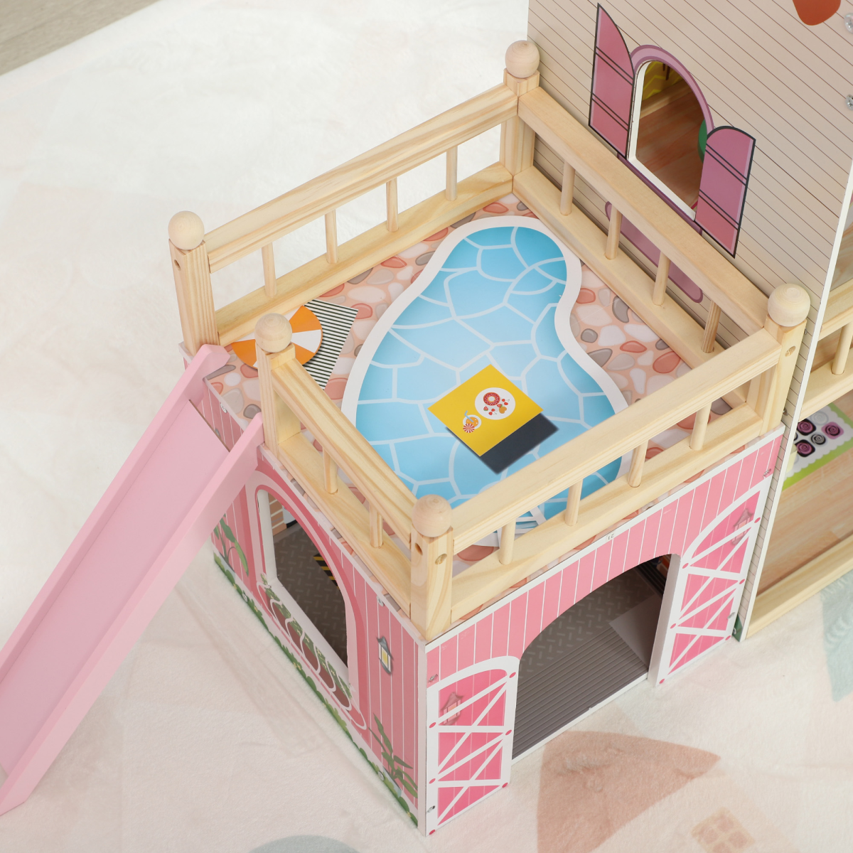 AIYAPLAY 3-Story Pink Dolls House with 13-Piece Wooden Furniture Set