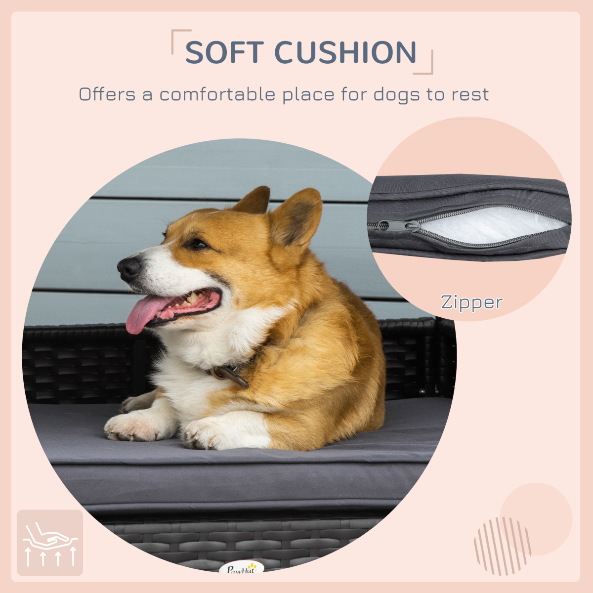 PawHut Wicker Dog House & Rattan Pet Bed with Cushion - Grey