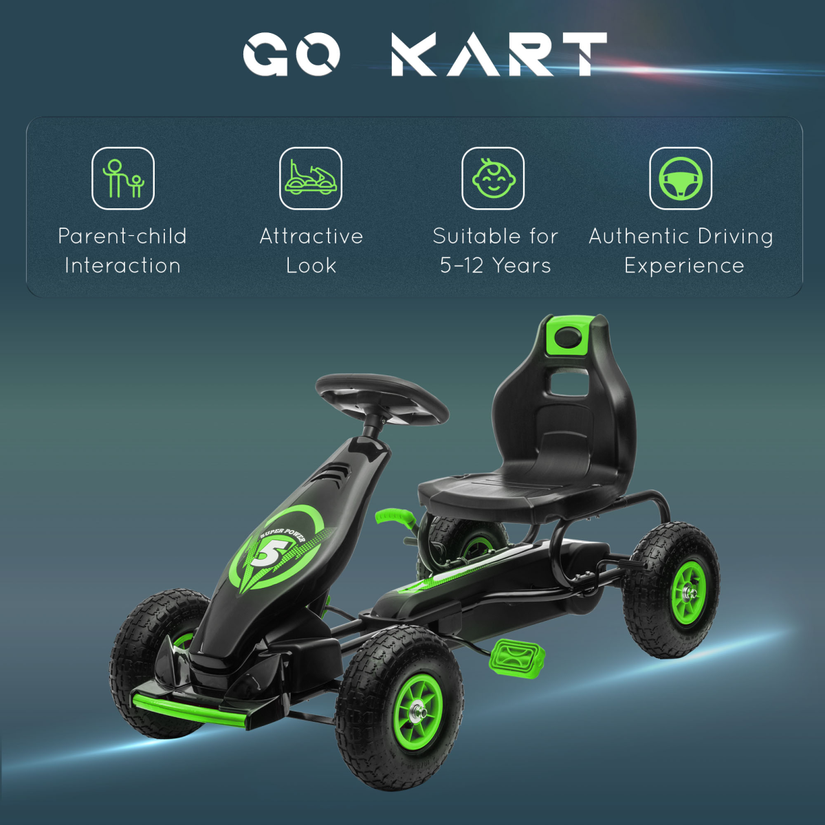 Kids Pedal Go Kart - Adjustable Seat, Rubber Wheels, Brake, Green