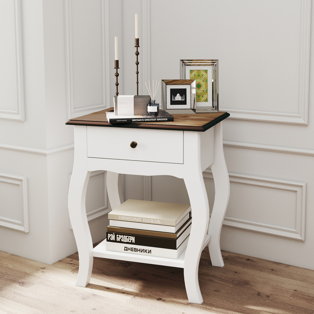 Elegant Bedside Tables Set of 2 - White with Drawer & Shelf