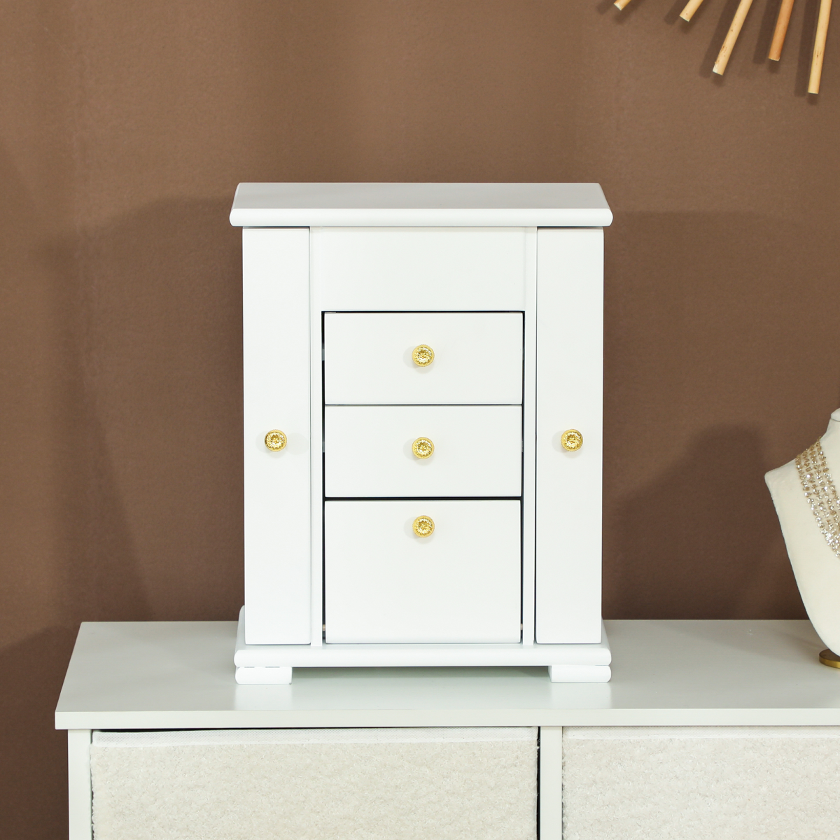 Elegant 4-Tier Jewellery Box with Mirror & Dual Drawers - White Beauty