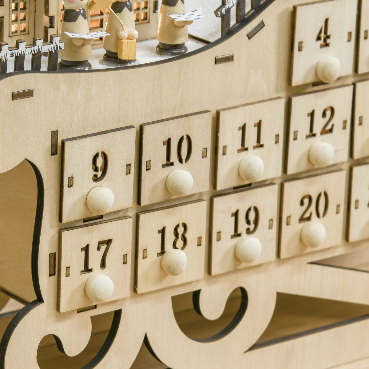 Light-Up Wooden Sleigh Advent Calendar - 24 Drawers, Natural Finish