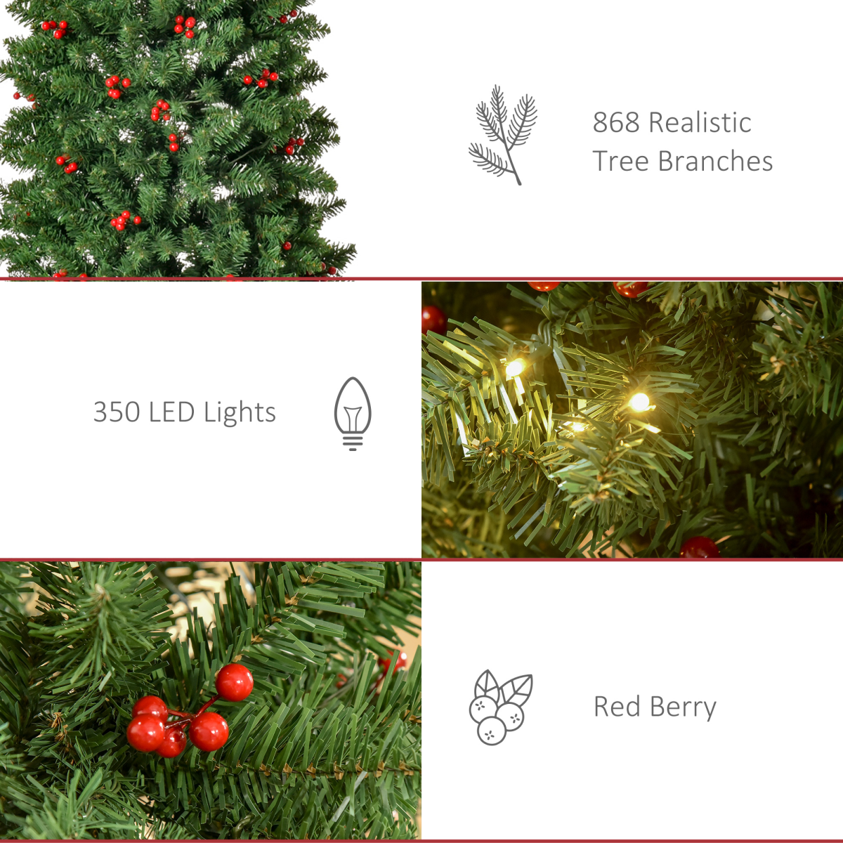 7ft Prelit Pencil Christmas Tree with Warm White LEDs, Green & Red Berry