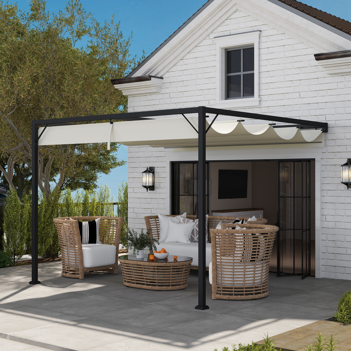 3x3m Wall-Mounted Pergola with Retractable Canopy - Cream Shade Master