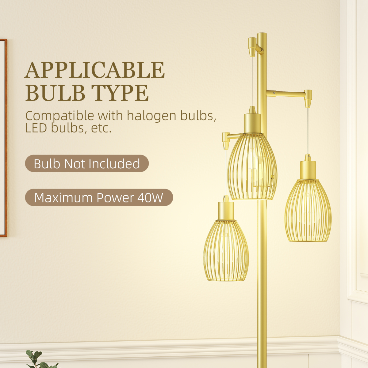 Industrial Chic: 3-Light Dimmable Floor Lamp in Elegant Gold Finish