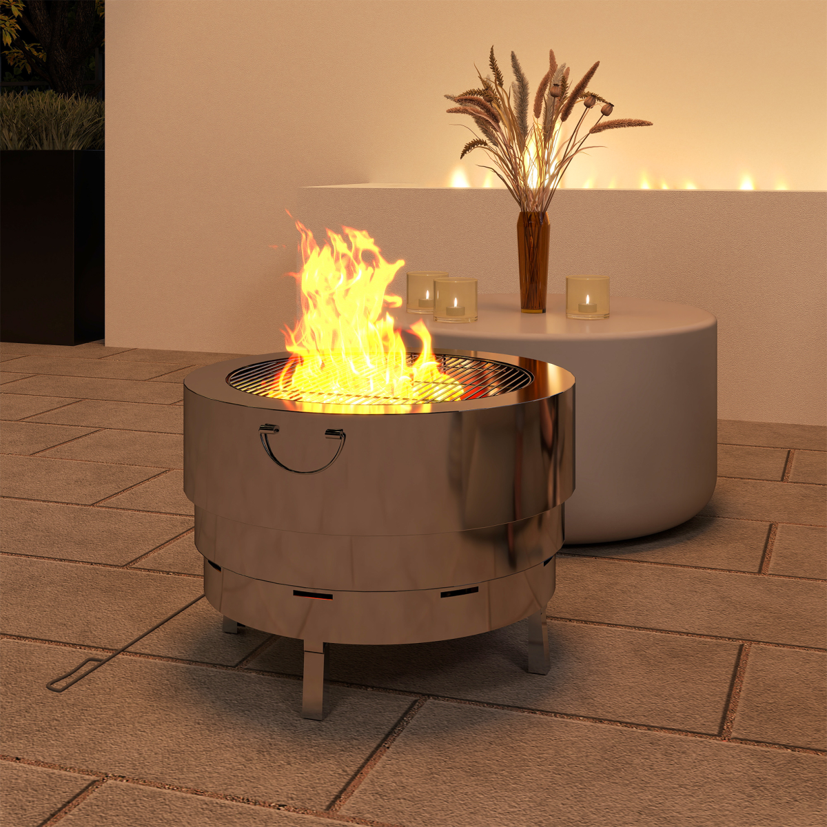 Portable Round Fire Pit & Grill - Stainless Steel with Poker Included