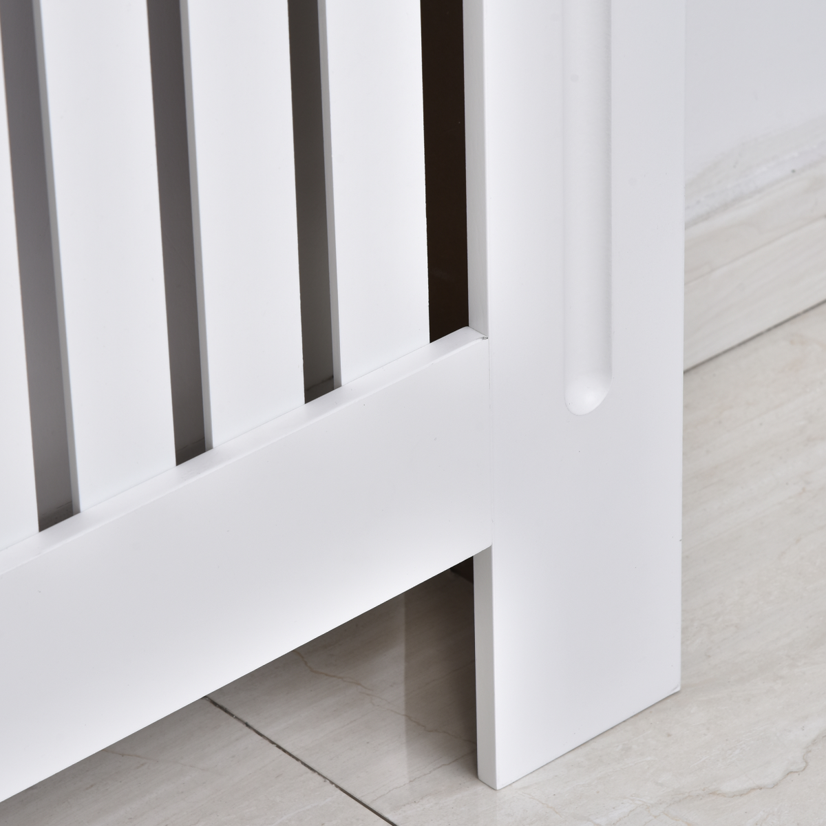 White Slatted Radiator Cover with Top Shelf, Anti-Tip MDF Cabinet 152x19x81cm