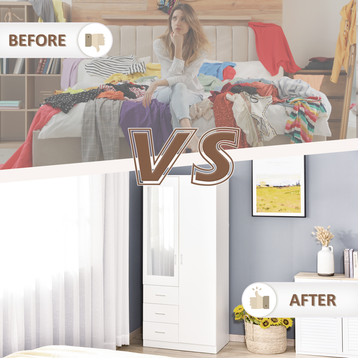 Elegant 2-Door White Wardrobe with Mirror, Adjustable Shelves & 3 Drawers