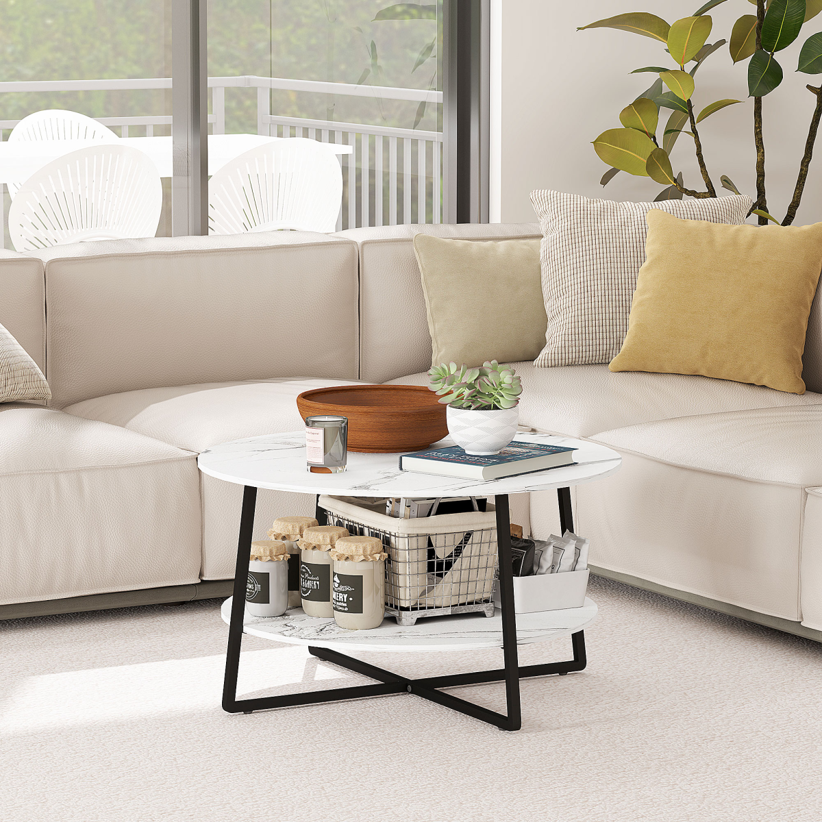 Elegant Round Coffee Table with Storage & Chic Marble Effect Top