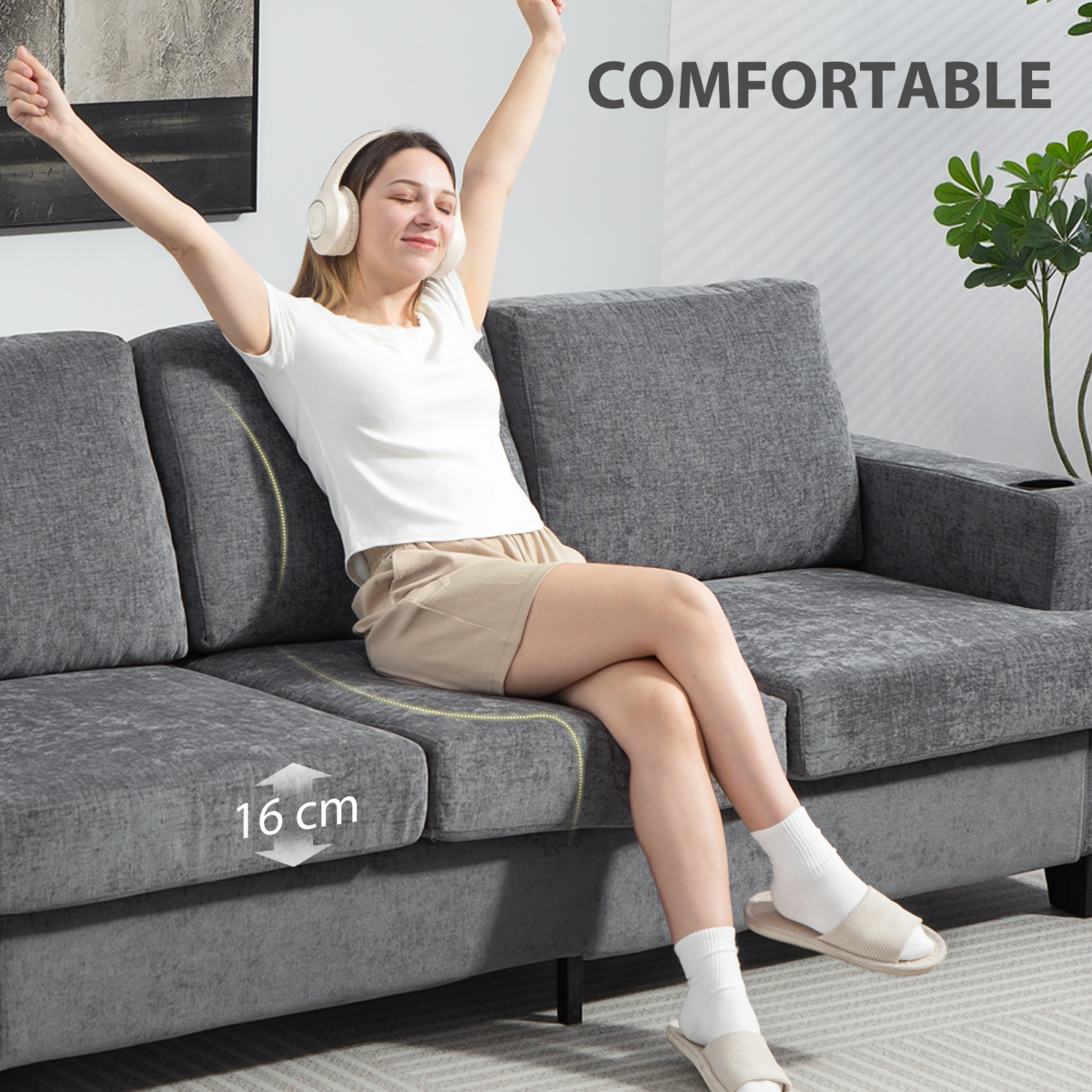 3-Seater Sofa with USB Ports & Cup Holders - Cozy Grey Fabric Design