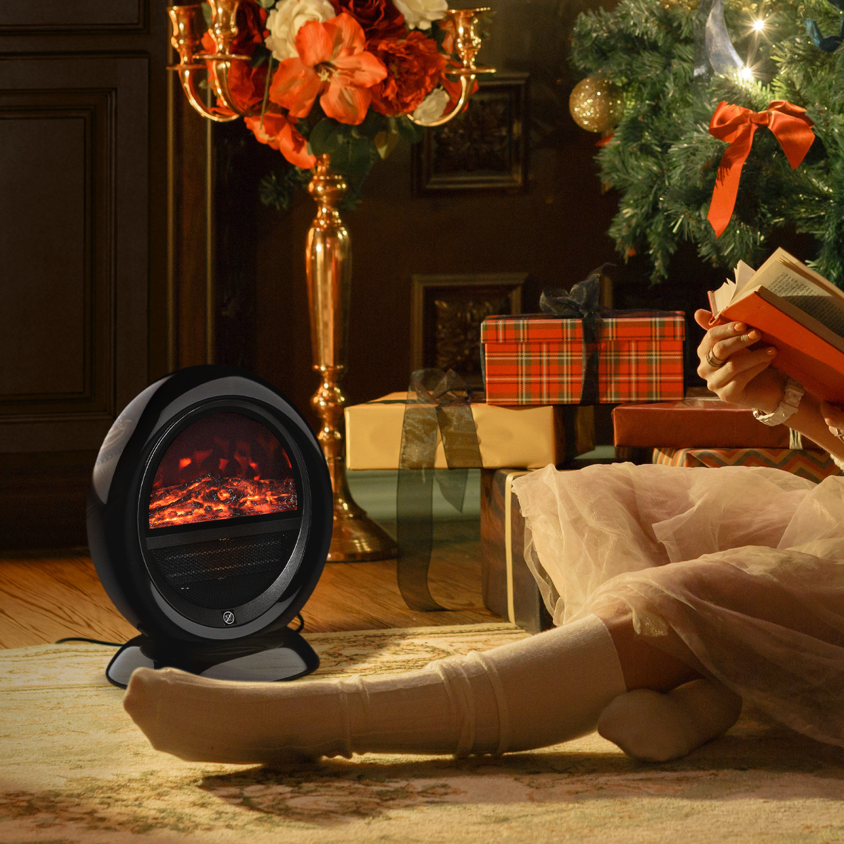 Elegant Freestanding Electric Fireplace Heater with Rotatable Head & Safety Features