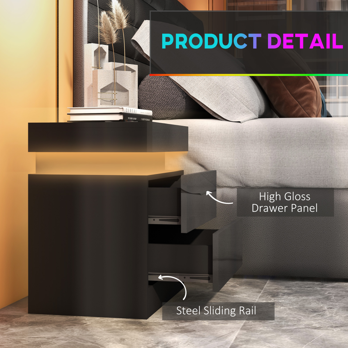 Illuminate Your Space: LED Bedside Table with 2 Drawers in Black