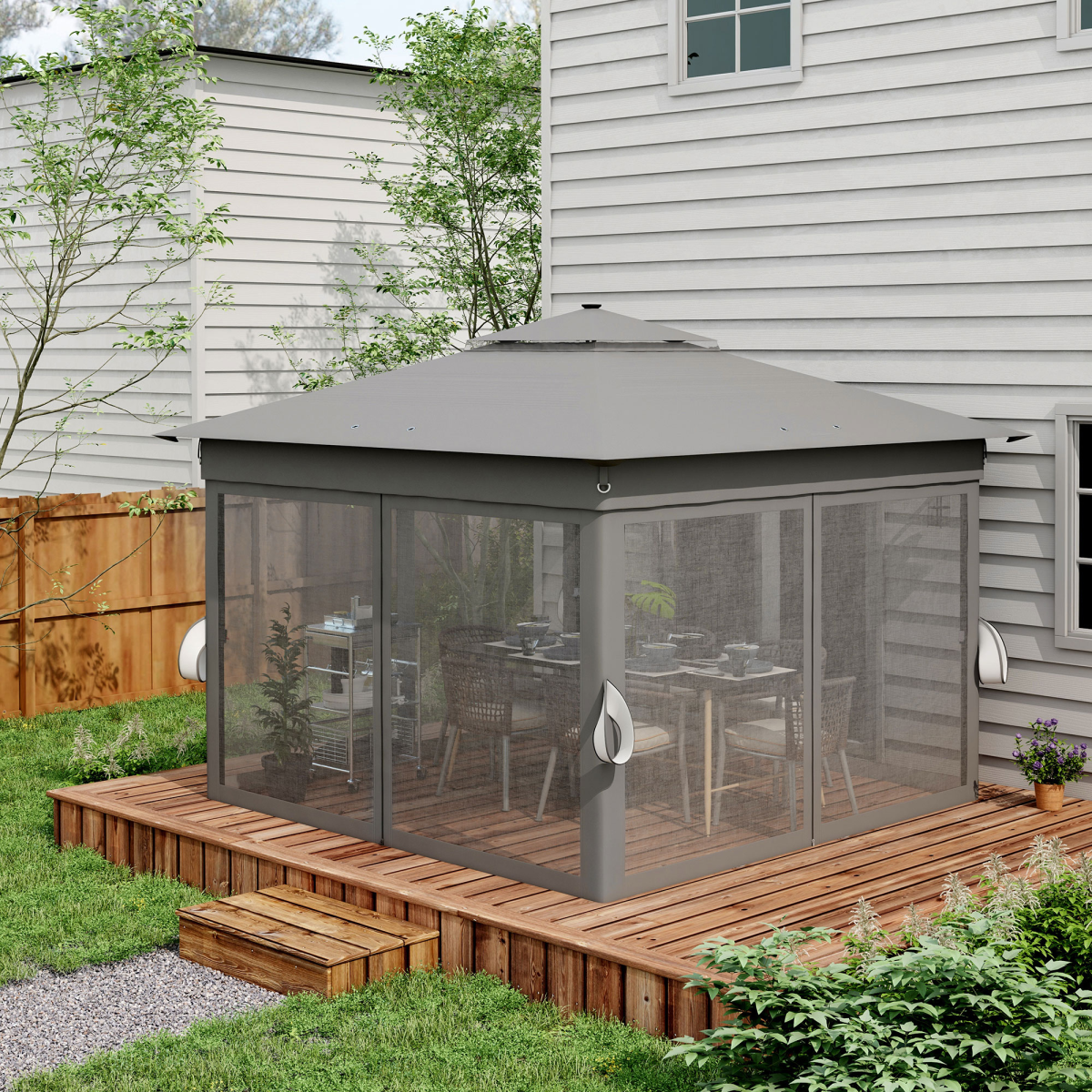 3x3m Pop-Up Gazebo with Solar LED Lights and Curtain Netting - Grey
