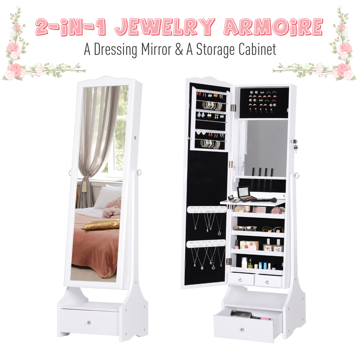 LED Illuminated Mirrored Jewelry Cabinet with Lock & Storage –  White