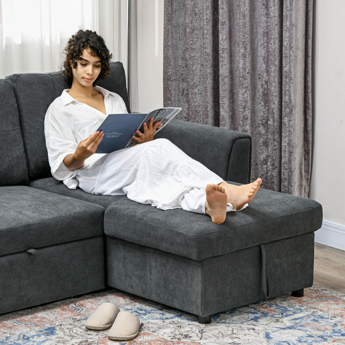 3-Seater Sofa Bed with Storage, Convertible Chaise - Dark Grey