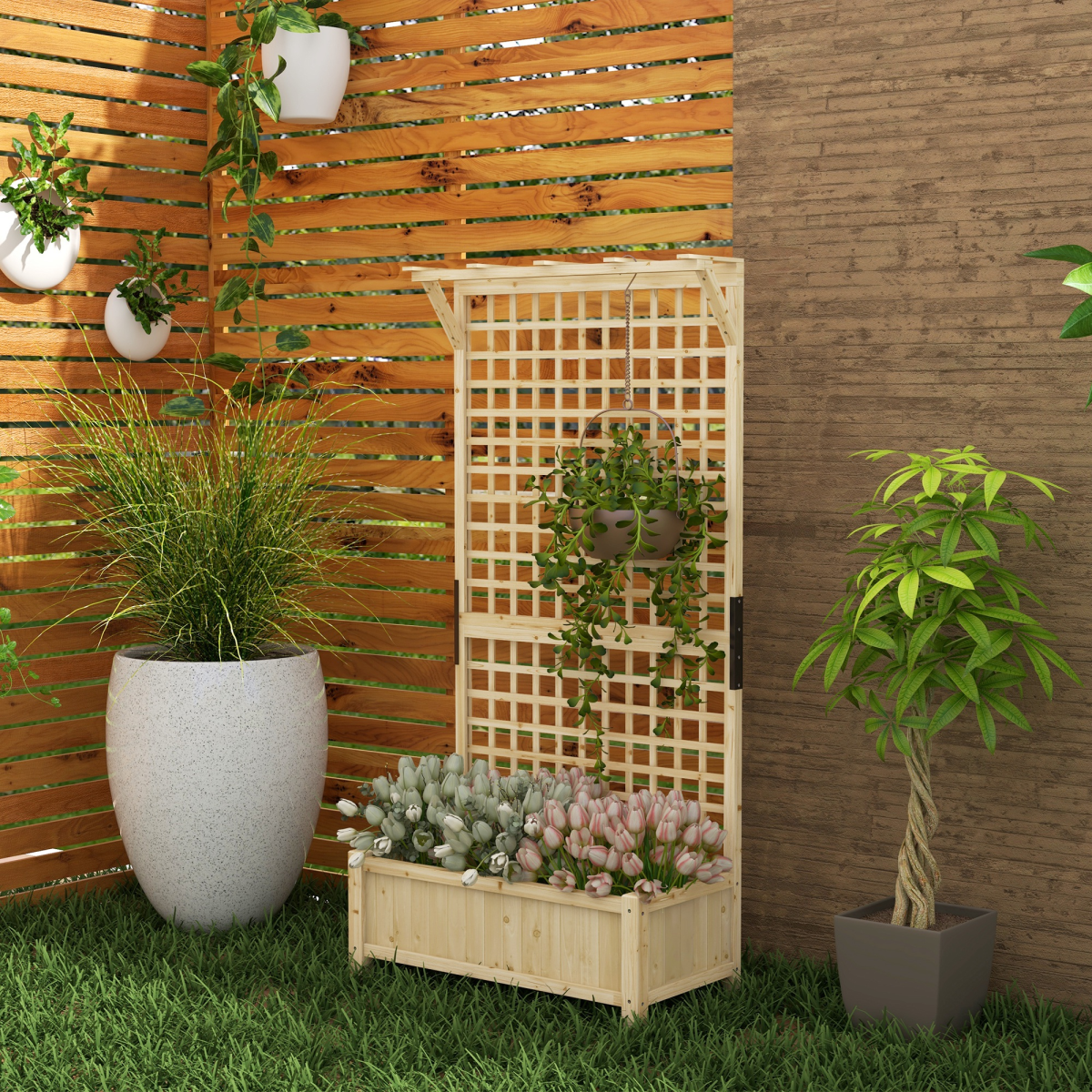 Wooden Planter with Trellis for Climbing Plants - Natural Finish