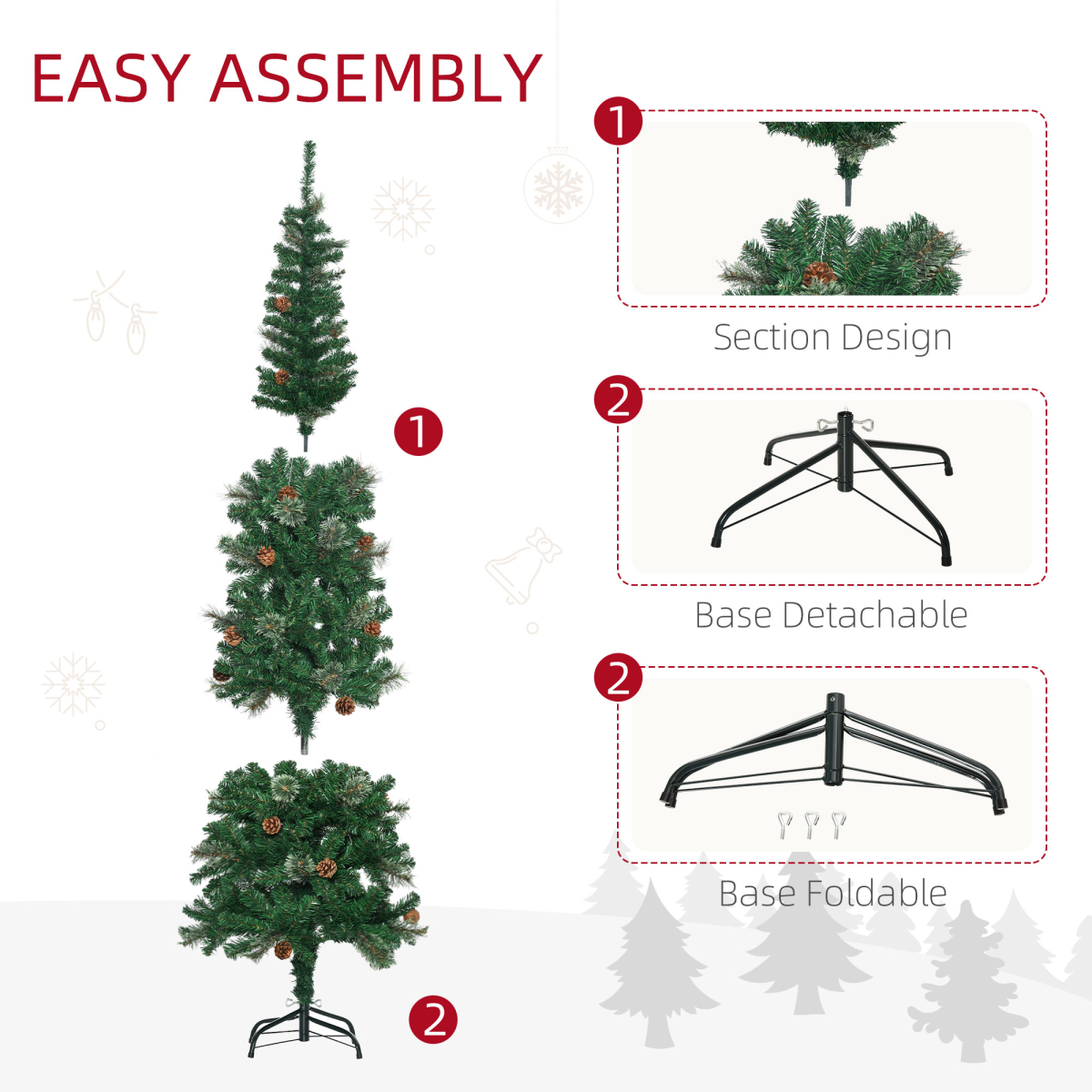6.5ft Slim Artificial Christmas Tree with Pine Cones - Space-Saving Decor