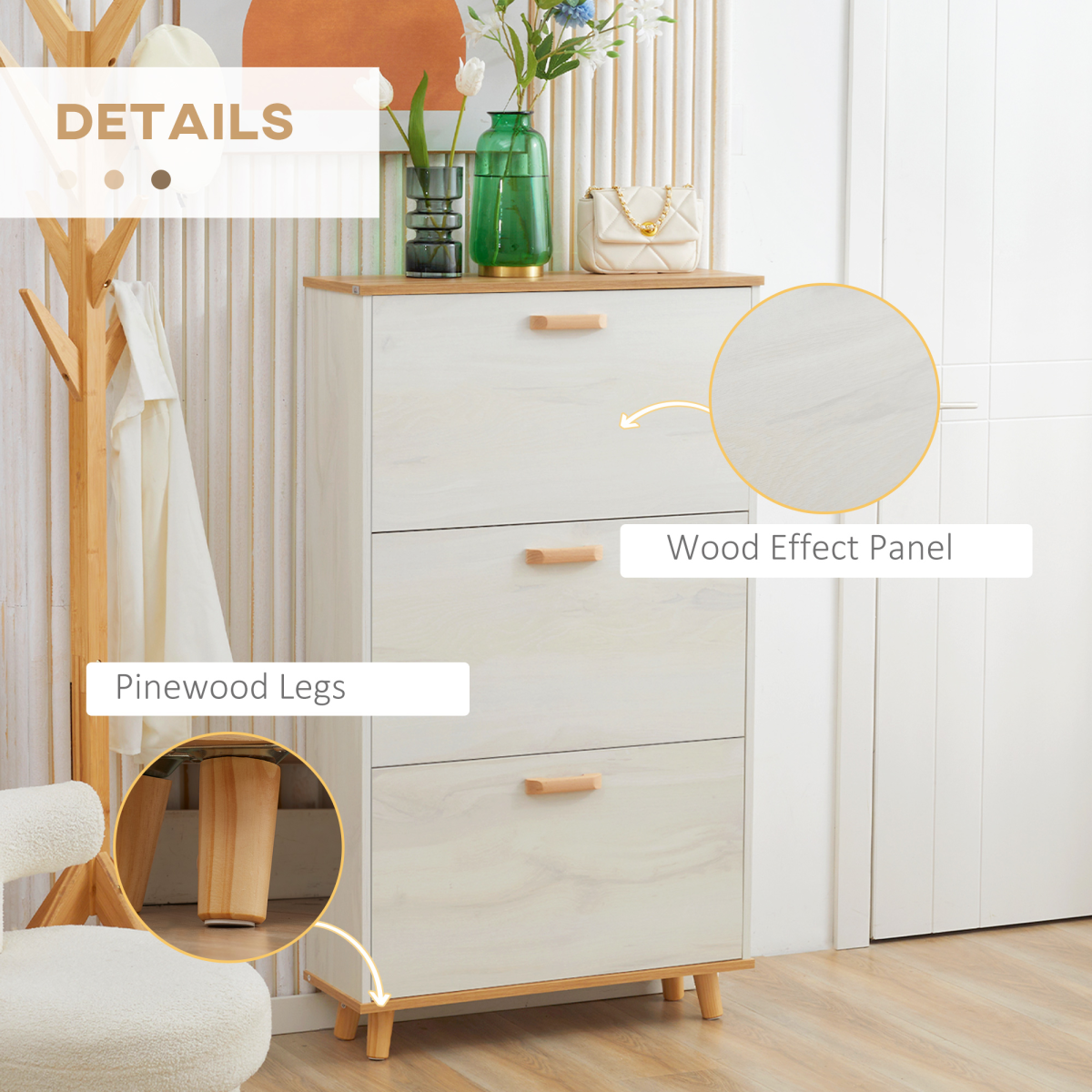 Slim Shoe Storage Cabinet - 12 Pair Capacity with 3 Adjustable Flip Drawers