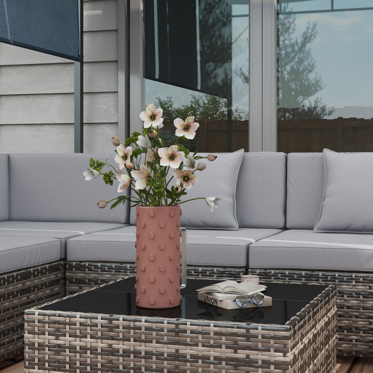 7-Piece Grey Rattan Garden Set with Buckle Frame & Glass Table