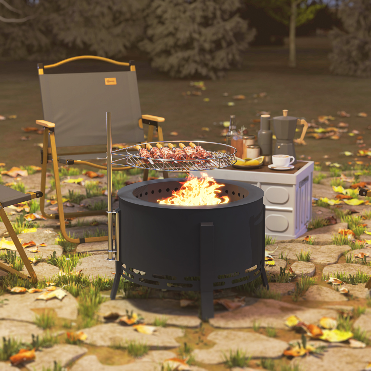 58cm Round Portable Fire Pit & Grill - Durable Black Steel Design