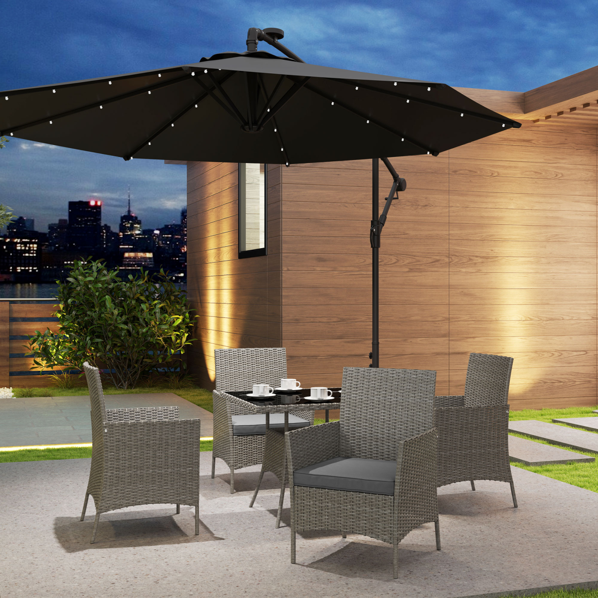 4-Person Rattan Outdoor Dining Set with Glass Table - Light Grey