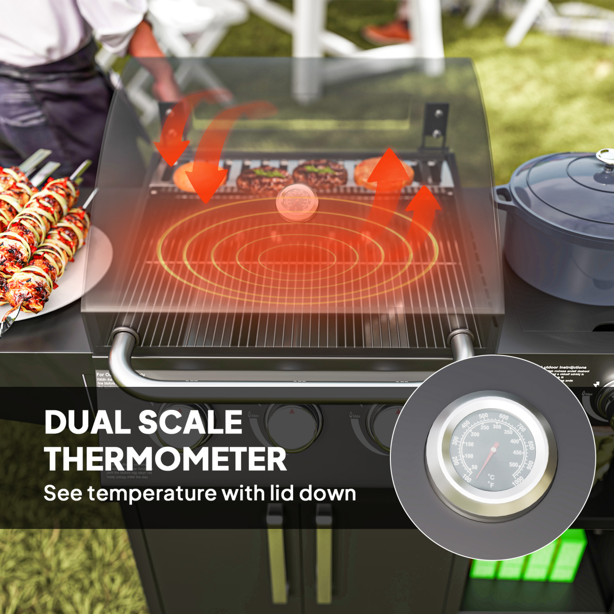 9.5 kW Gas BBQ Grill: 3 Burners, Side Burner & Storage Cabinet