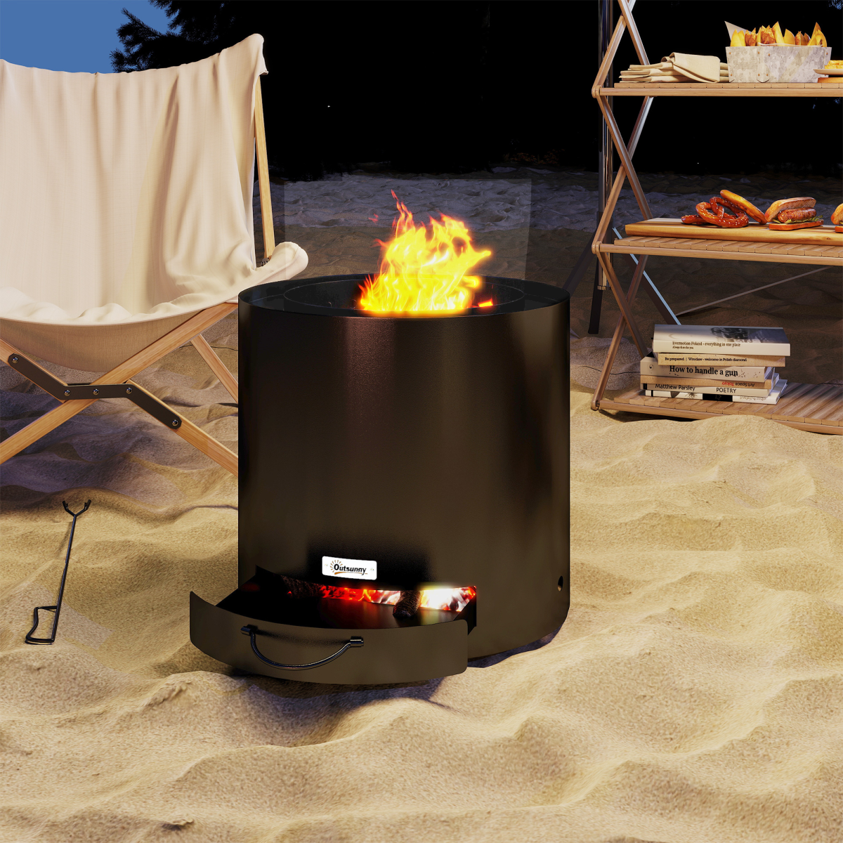 Portable Round Fire Pit: Easy Clean Ash Tray & Poker - Cozy Outdoor Nights