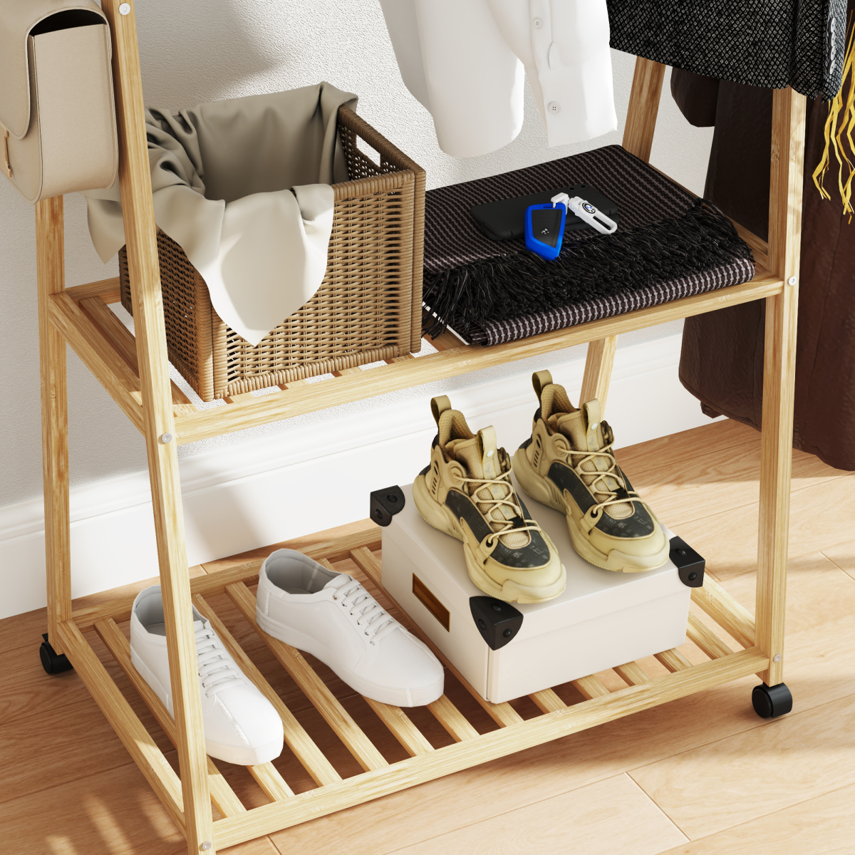 Stylish Bamboo Clothes Rack with Storage Shelves & Hooks - Natural Design