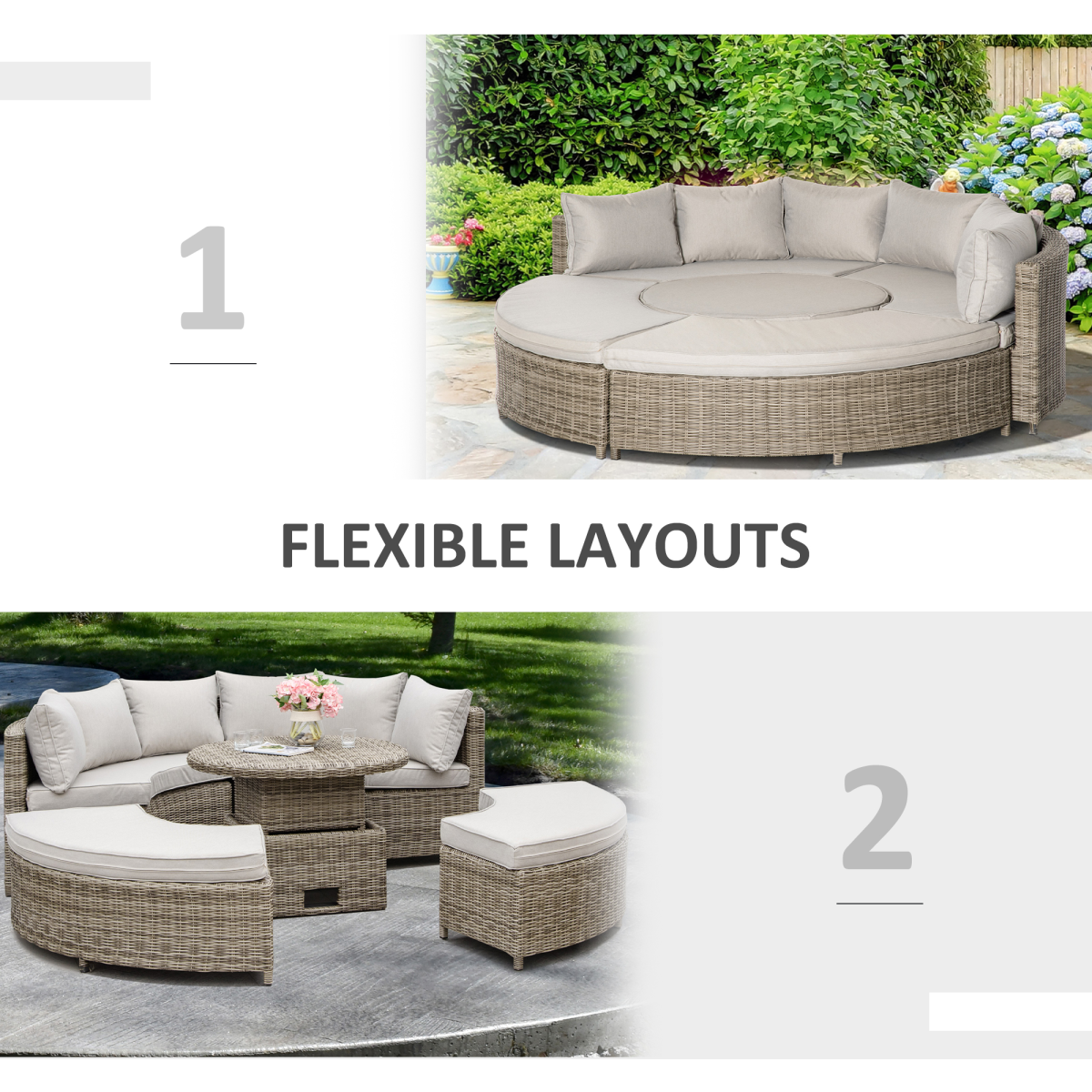 8-Seater PE Rattan Daybed with Lift-Top Table & Olefin Cushions