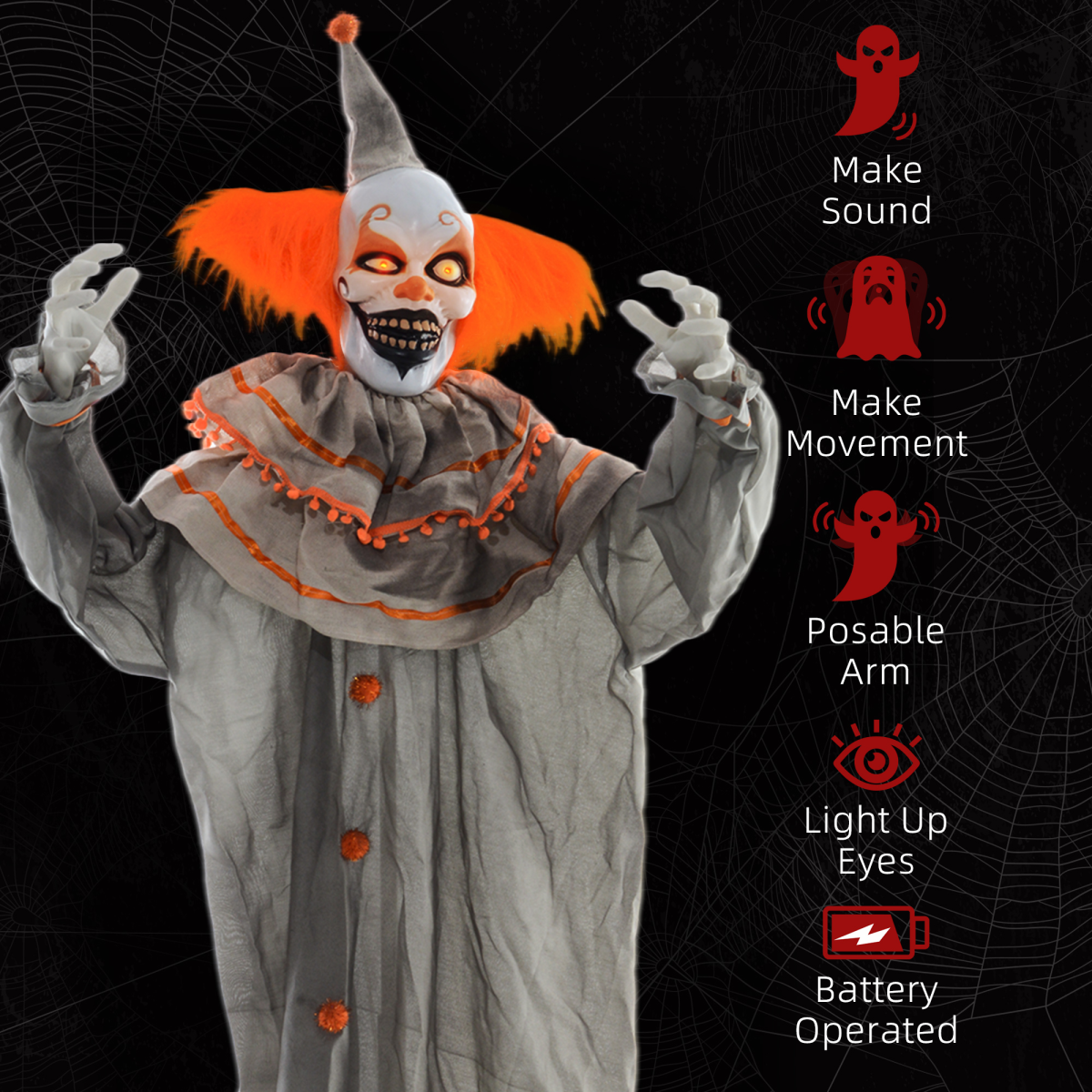 Halloween Clown Animatronic Prop with Light-Up Eyes, Indoor/Outdoor
