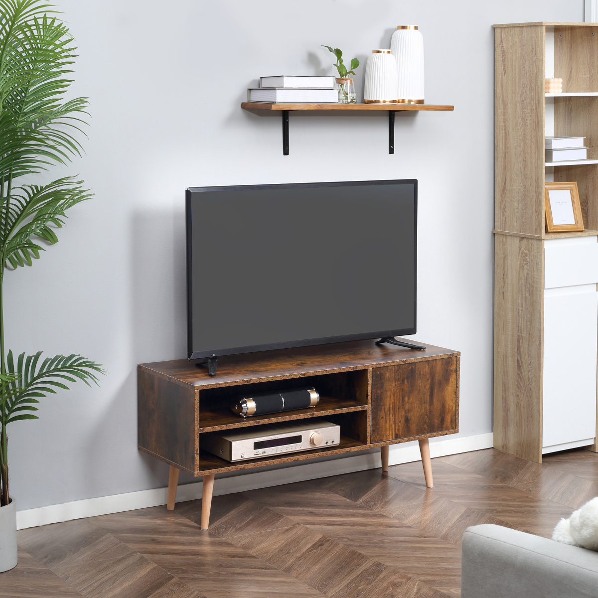 Stylish 55-Inch TV Unit with Cupboard & Shelves - Elegant Brown Finish