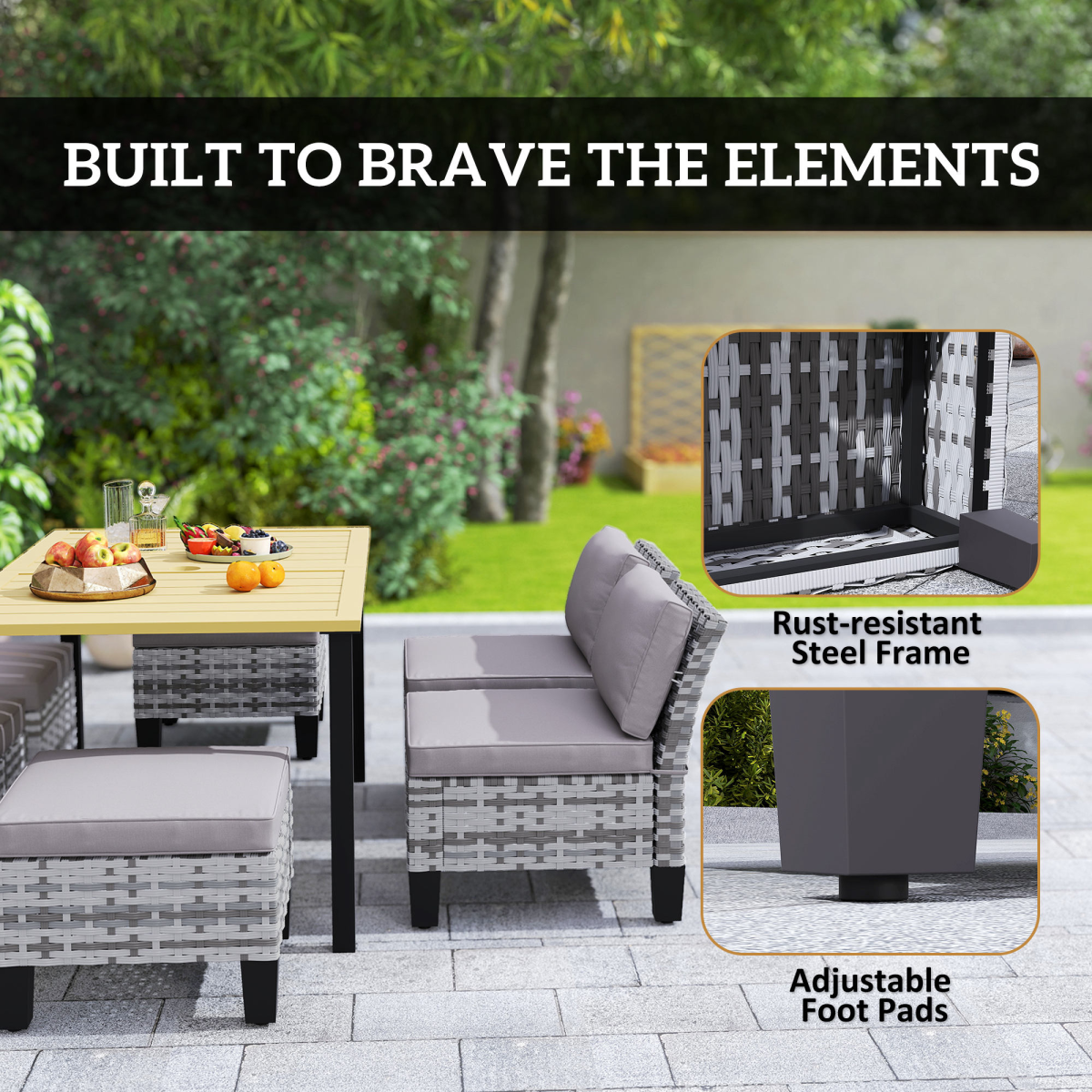 7-Piece Grey Rattan Garden Dining Set with Cushions & Umbrella Hole