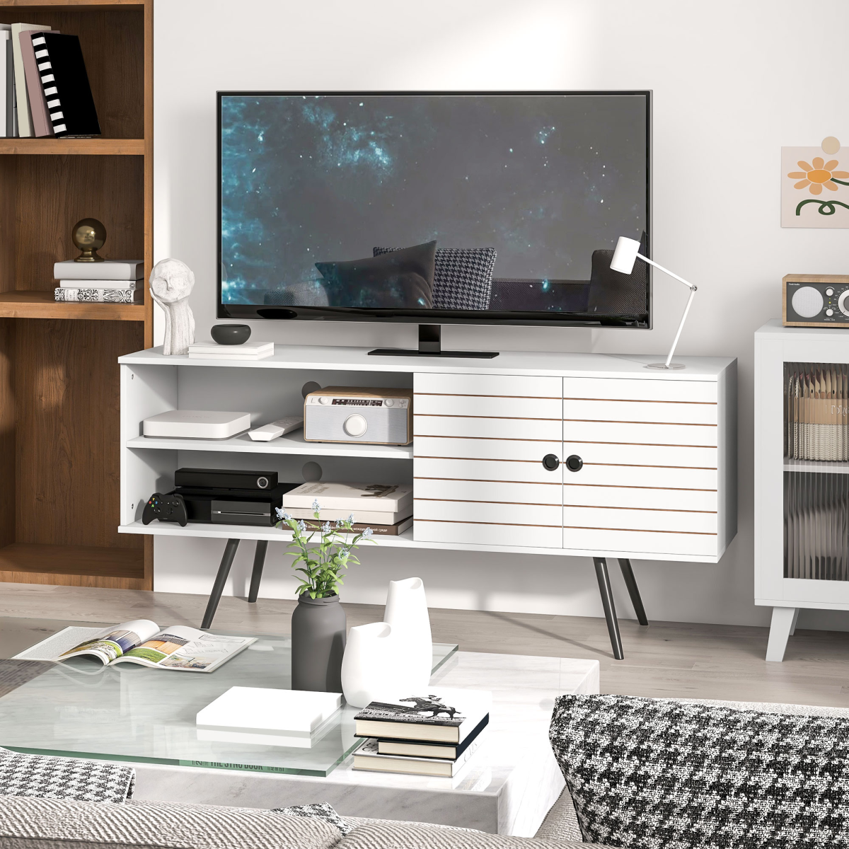Modern 65" TV Stand with Open Shelves & Cable Management - White
