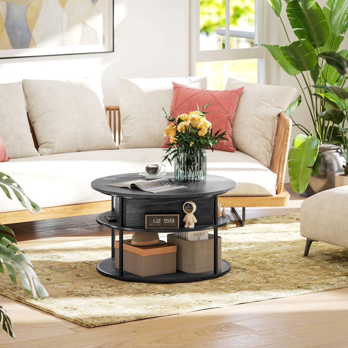 Versatile Lift-Top Rattan Coffee Table with Hidden Storage – Charcoal Grey