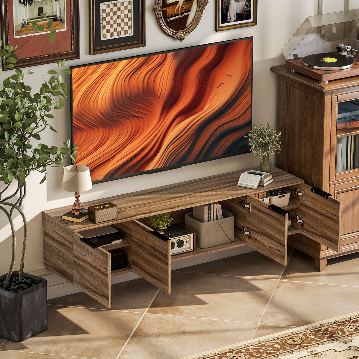 Rustic Brown Wall-Mounted Floating TV Stand with Stylish Storage Solutions