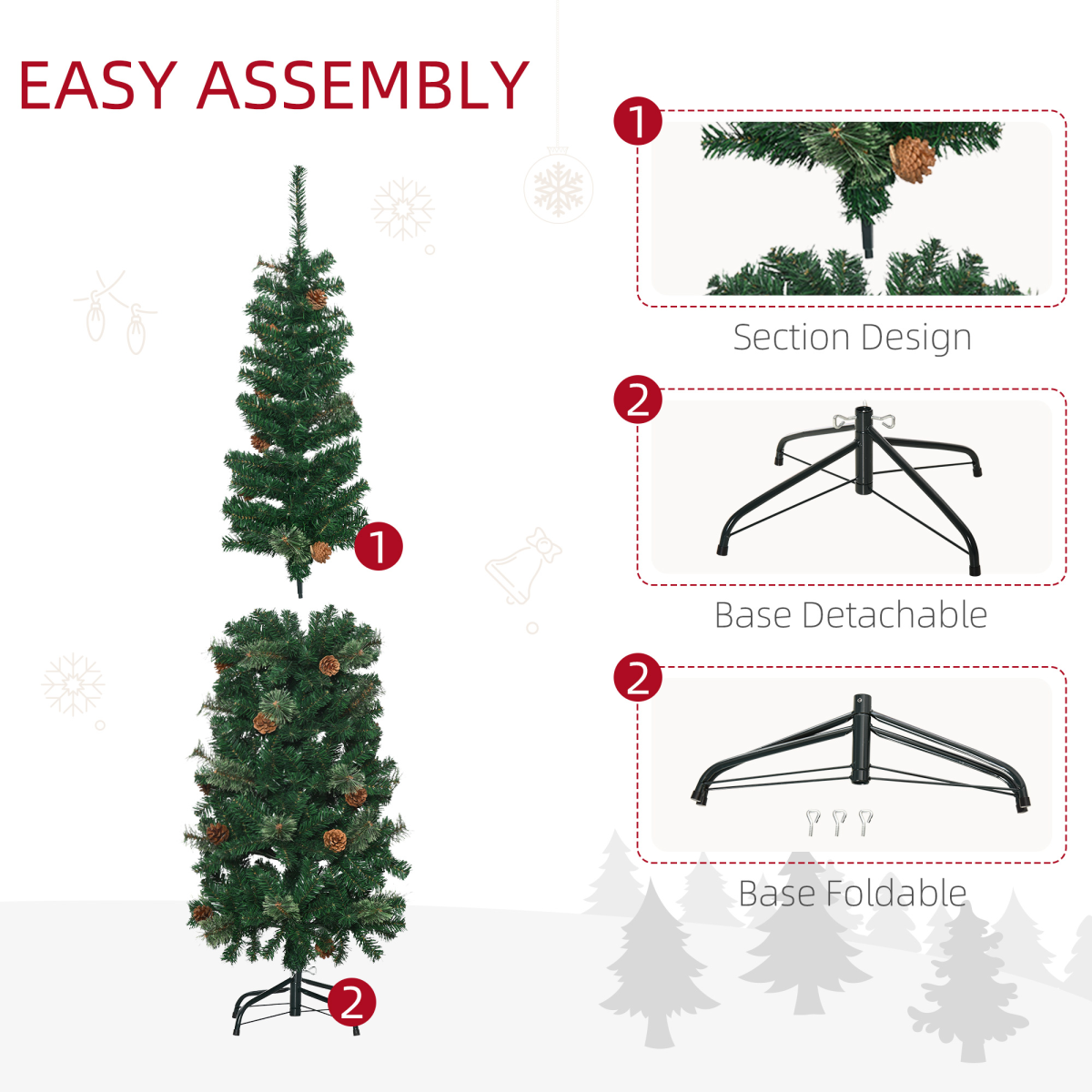 5.5ft Slim Artificial Christmas Tree with Pine Cones - Easy Setup (HOMCOM)