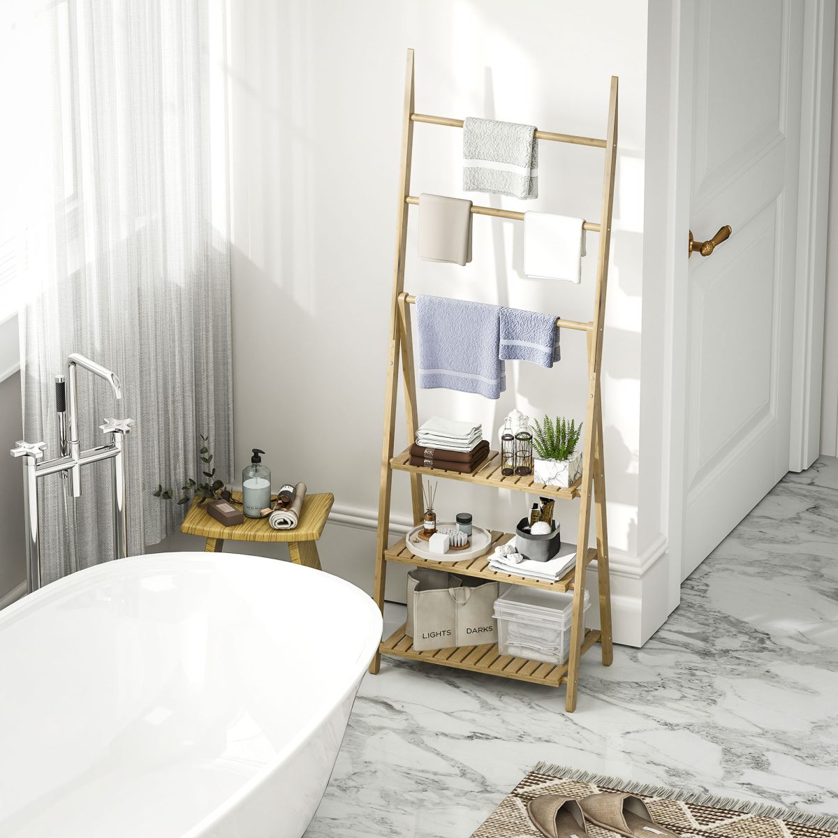 Stylish Bamboo 3-Tier Bathroom Shelf with Towel Bars for Organized Elegance